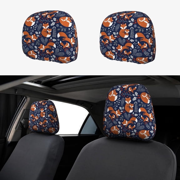 Headrest Covers for Cars Accessories Interior for Women Men 2Pcs - Vintage Blue Fox Family Head Rest Cover for Car Decorations, Car Headrest Cover for Car Decor Interior