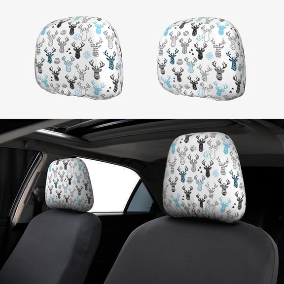 Headrest Covers for Cars Accessories Interior for Women Men 2Pcs - Winter Art Blue and Black Moose Head Rest Cover for Car Decorations, Car Headrest Cover for Car Decor Interior