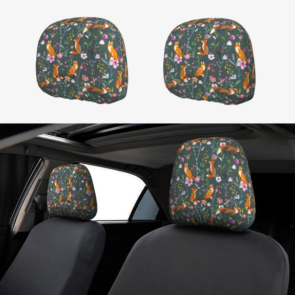 Headrest Covers for Cars Accessories Interior for Women Men 2Pcs - Wolf Fox In Flower Forest Head Rest Cover for Car Decorations, Car Headrest Cover for Car Decor Interior