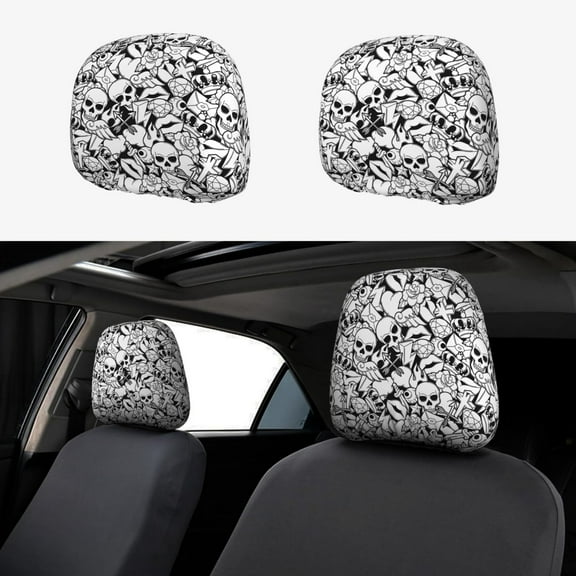 Headrest Covers for Cars Accessories Interior for Women Men 2Pcs - black white skull Head Rest Cover for Car Decorations, Car Headrest Cover for Car Decor Interior
