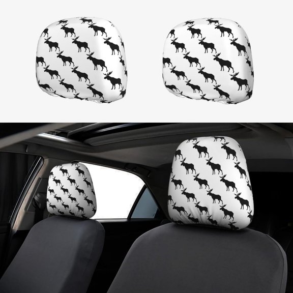 Headrest Covers for Cars Accessories Interior for Women Men 2Pcs - cool black Moose Elk white Head Rest Cover for Car Decorations, Car Headrest Cover for Car Decor Interior