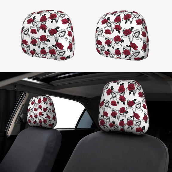 Headrest Covers for Cars Accessories Interior for Women Men 2Pcs - goat skull red roses white Head Rest Cover for Car Decorations, Car Headrest Cover for Car Decor Interior