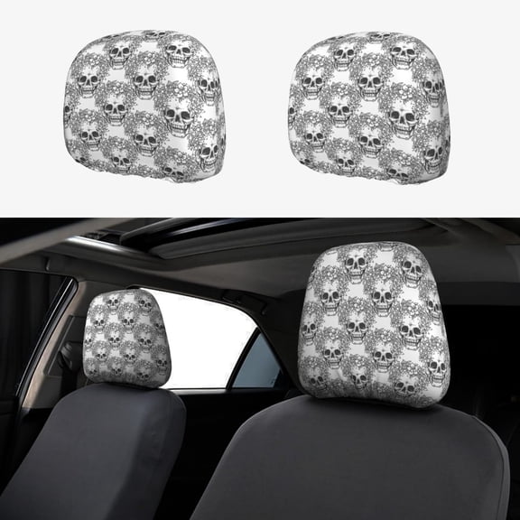 Headrest Covers for Cars Accessories Interior for Women Men 2Pcs - skull print Q Head Rest Cover for Car Decorations, Car Headrest Cover for Car Decor Interior