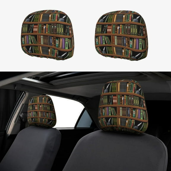 Headrest Covers for Cars Accessories Interior for Women Men 2Pcs - vintage bookshelves print Head Rest Cover for Car Decorations, Car Headrest Cover for Car Decor Interior