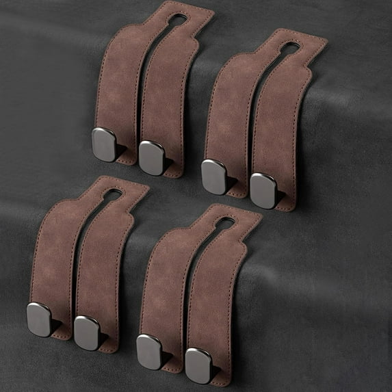 Headrest Hooks - Car Seat Back Double Hook Leather Purses Hooks (Brown-4 Pack)