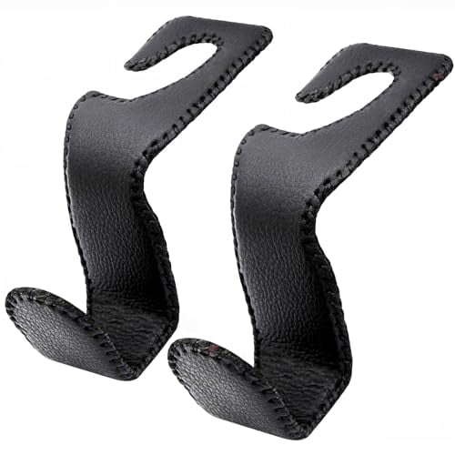 Headrest Hooks for Purses and Bags,2 Pack Car Seat Hooks for Grocery Bag Handbag,Metal Car Purse Holder Covered by Leather,Black