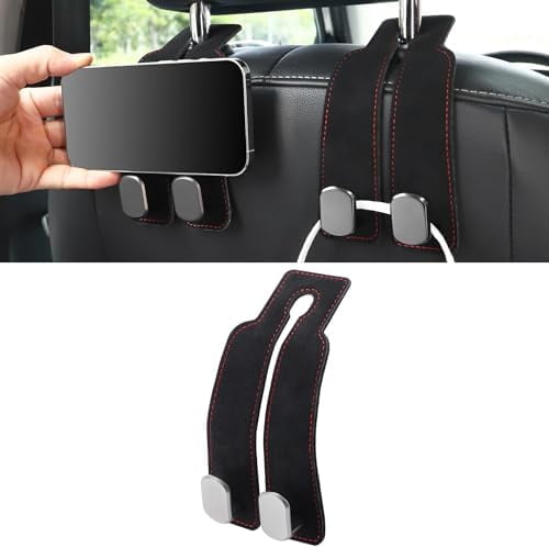 Headrest Purse Hook for Car, Seat Hook Hangers Storage Organizer for Bags and Coats Holder, Upgrade Leather Double Hook and Mobile Phone Holder for Universal Vehicle Car Accessories (Black) Black