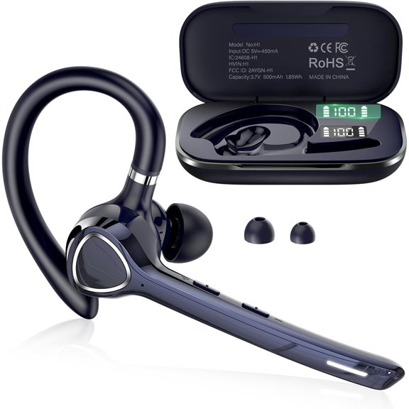 Headset with APTX Audio, Hands-Free Earpiece with CVC 8.0/ENC Mic, Mute Button & Device Connection, 90H Playtime Single-Ear Headphone for Trucker, Business, Navy blue