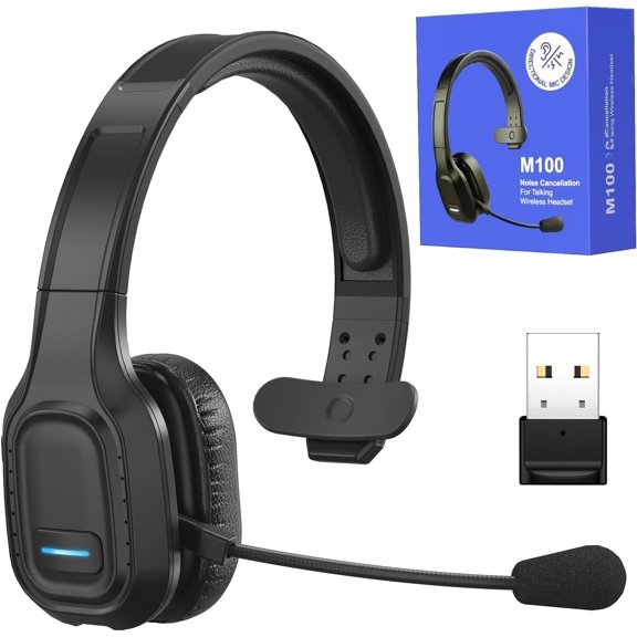 Headset for Drivers, Single Ear Headset with Mic and USB Dongle, AI Noise Canceling Microphone, Mute Button, 45H Talk Time for Office Calls, Call Center, Phone and PC