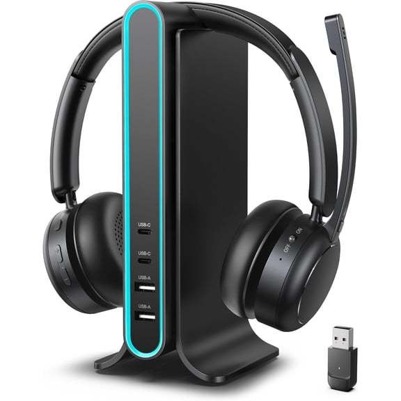 Headset,  Headset with Mic for Work, Qualcomm Chipeset Dongle, V5.4 Headsets with Microphone for Work,  Noise Cancelling Headphones Busy/Mute Light for PC Computer Office WFH