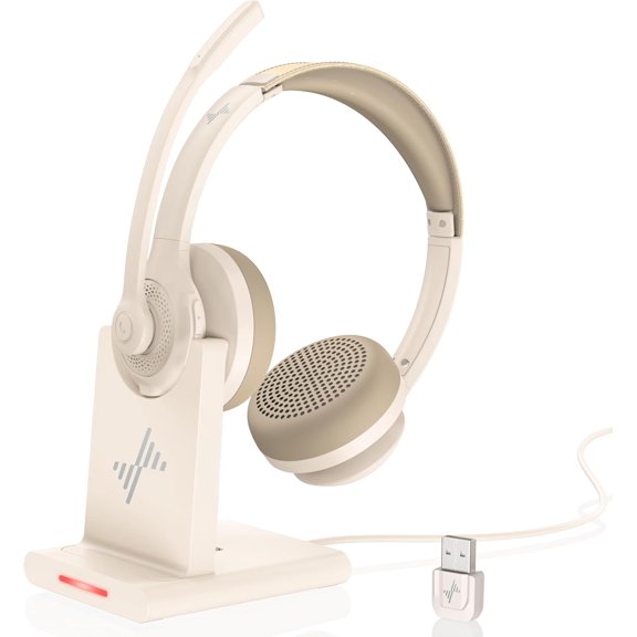 Headset with AI Noise Cancelling Microphone  Headset -  V5.2 Headphones with  Dongle,  Base & Mic Mute for Computer/Laptop/PC/// Phones-White