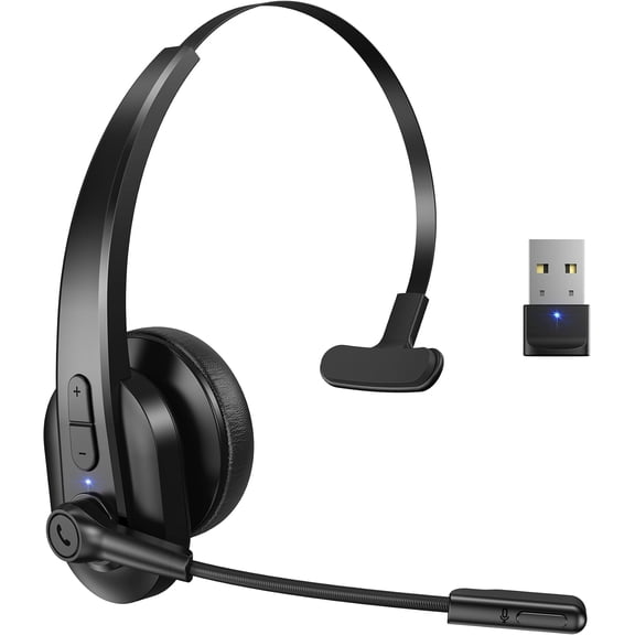 Headset with Dongle for Computer, Single-Ear Headset with Noise Cancelling Microphone for Office & Truckers, V5.2 with Mute Button for Work