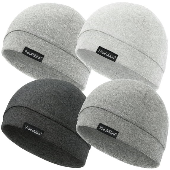 Headshion Cotton Beanie Skull Cap, 4 Pack Double Layered Sleep Hat Mix Grey