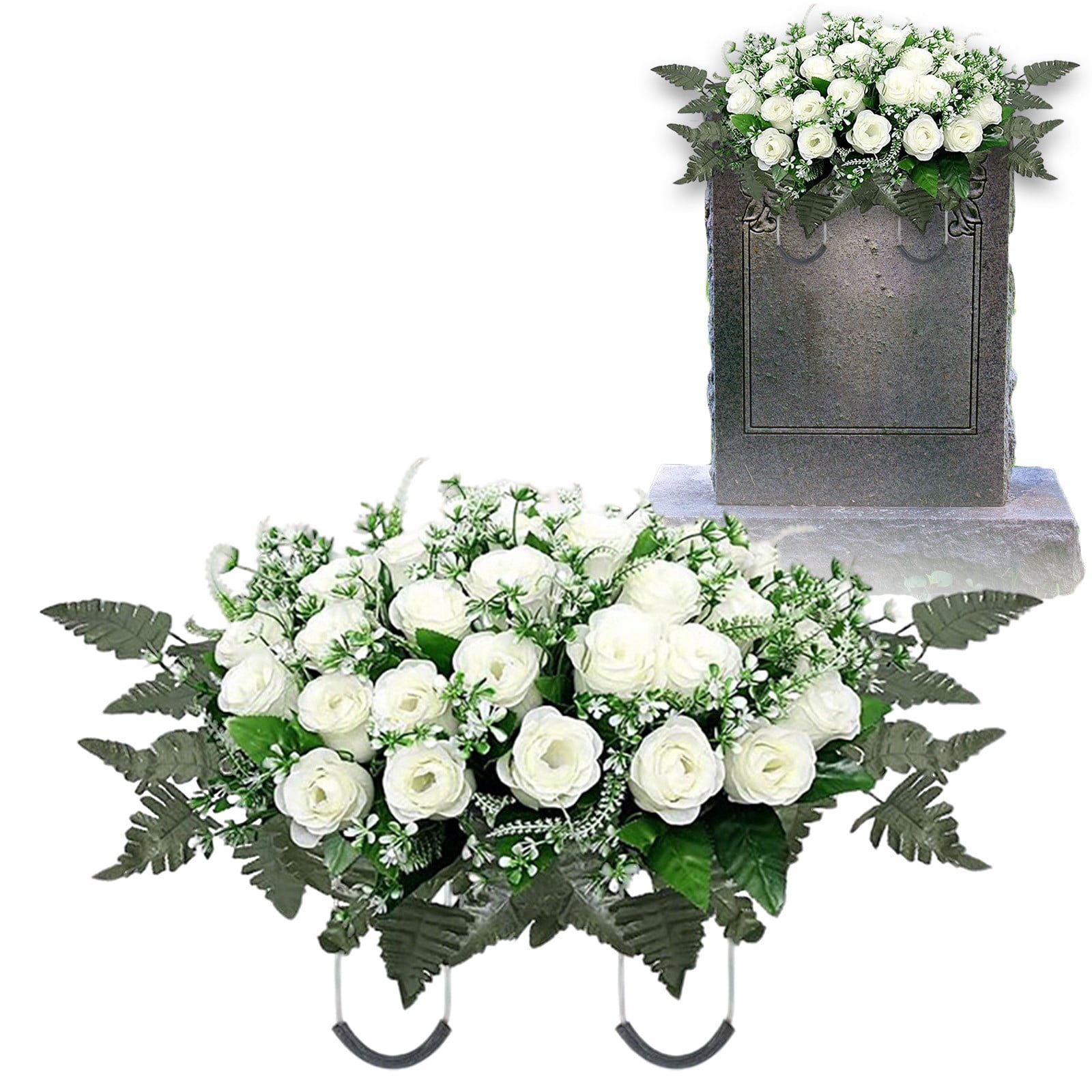 Headstone Flower Saddle,26"x13" Large Artificial Cemetery Flowers for Grave Saddle Cemetery Memorial Flowers for Outdoor Tombstone Memorial Day Independence Day Decorations(A)