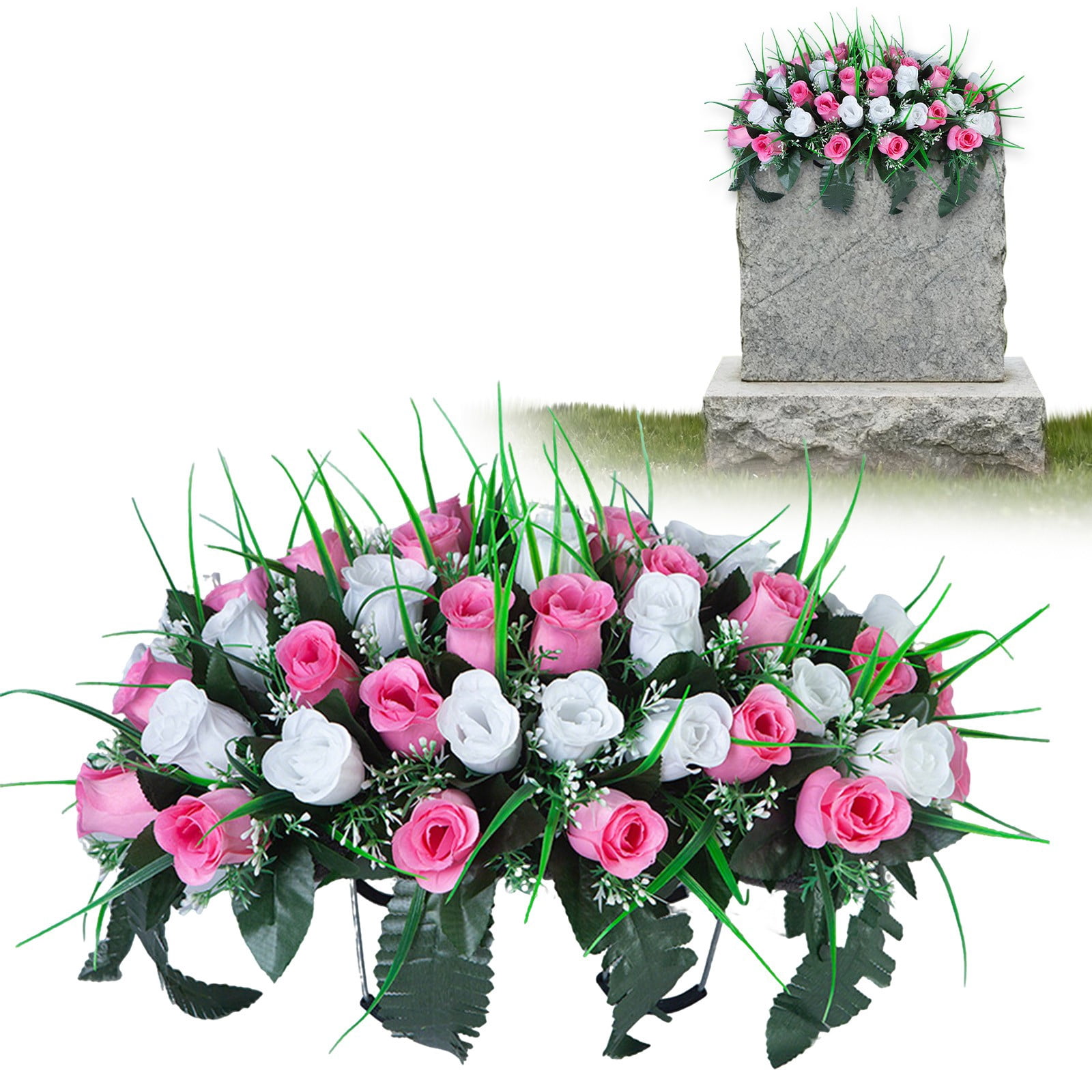 Headstone Flower Saddle Artificial Cemetery Flowers Grave Flowers For Cemetery Headstone Flower Saddle Red Rose Combination Outdoor Memorial Day Decorations Funeral Tribute Arrangement