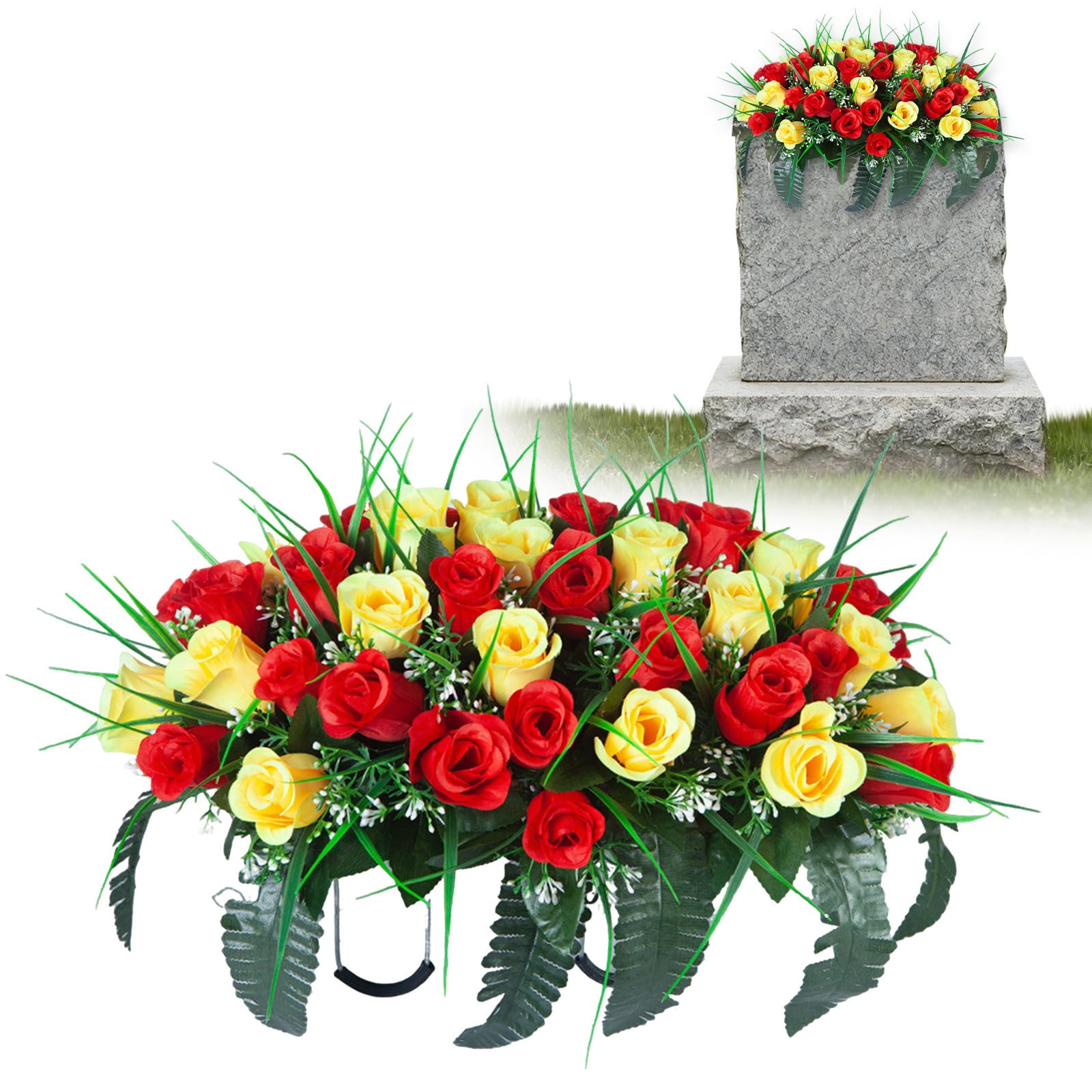 Headstone Flower Saddle Artificial Cemetery Flowers Grave Flowers For Cemetery Headstone Flower Saddle Red Rose Combination Outdoor Memorial Day Decorations Funeral Tribute Arrangement