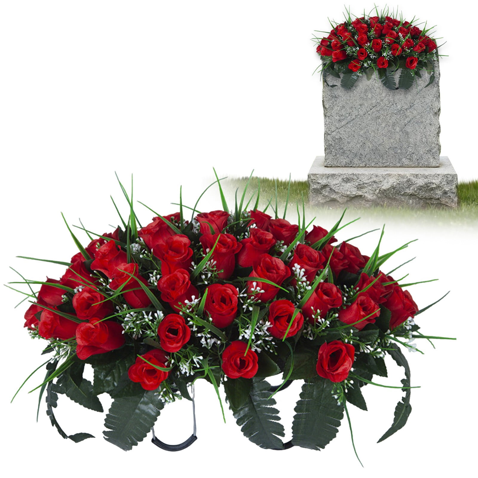 Headstone Flower Saddle Artificial Cemetery Flowers Grave Flowers For Cemetery Headstone Flower Saddle Red Rose Combination Outdoor Memorial Day Decorations Funeral Tribute Arrangement
