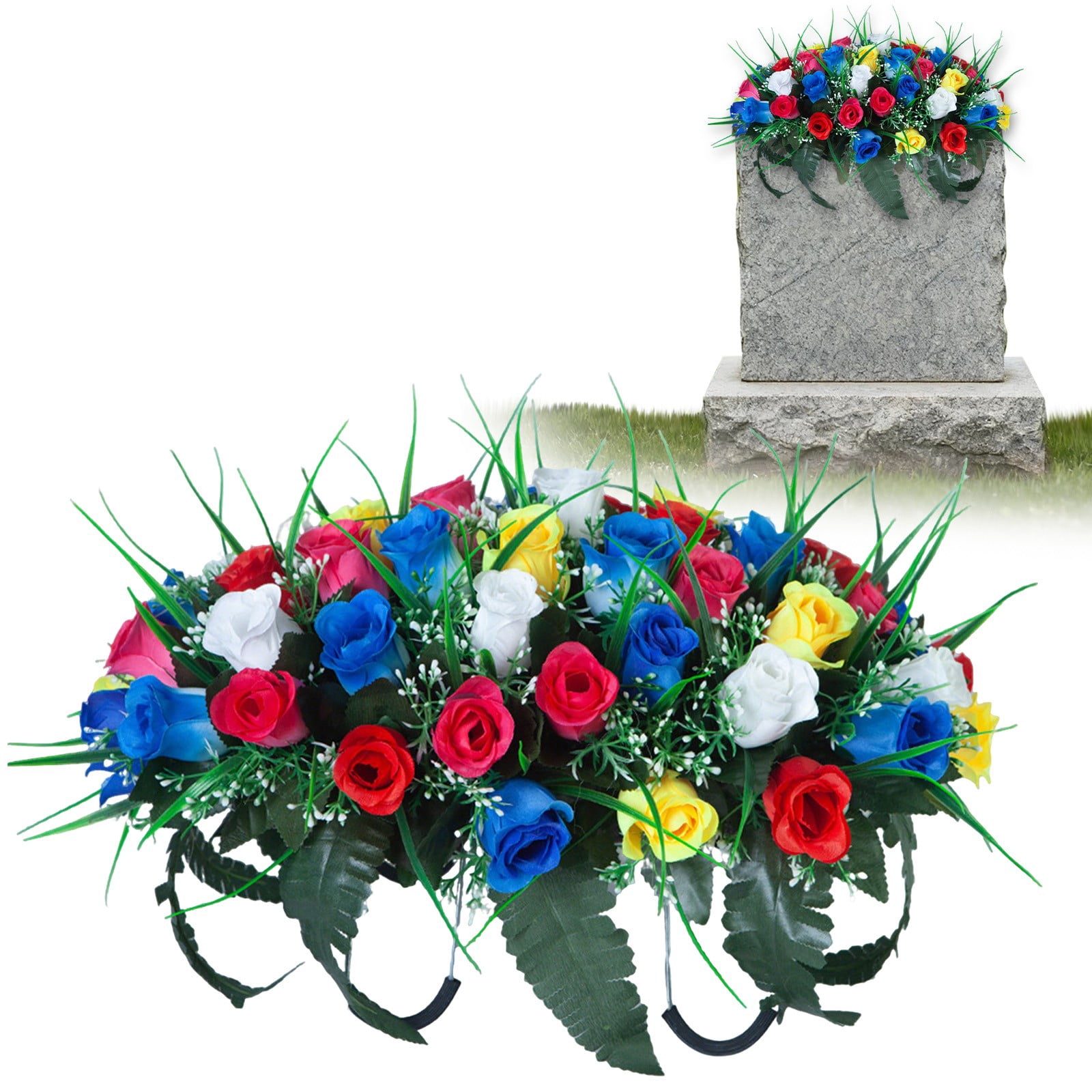 Headstone Flower Saddle Artificial Cemetery Flowers Grave Flowers For Cemetery Headstone Flower Saddle Red Rose Combination Outdoor Memorial Day Decorations Funeral Tribute Arrangement