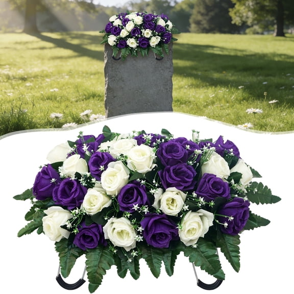 Headstone Flower Saddle, Artificial Cemetery Flowers for Grave, Realistic Memorial Day Flowers with Peony Rose, UV Resistant Grave Decorations for Cemetery,Funeral Flowers,Easter Day,Purple