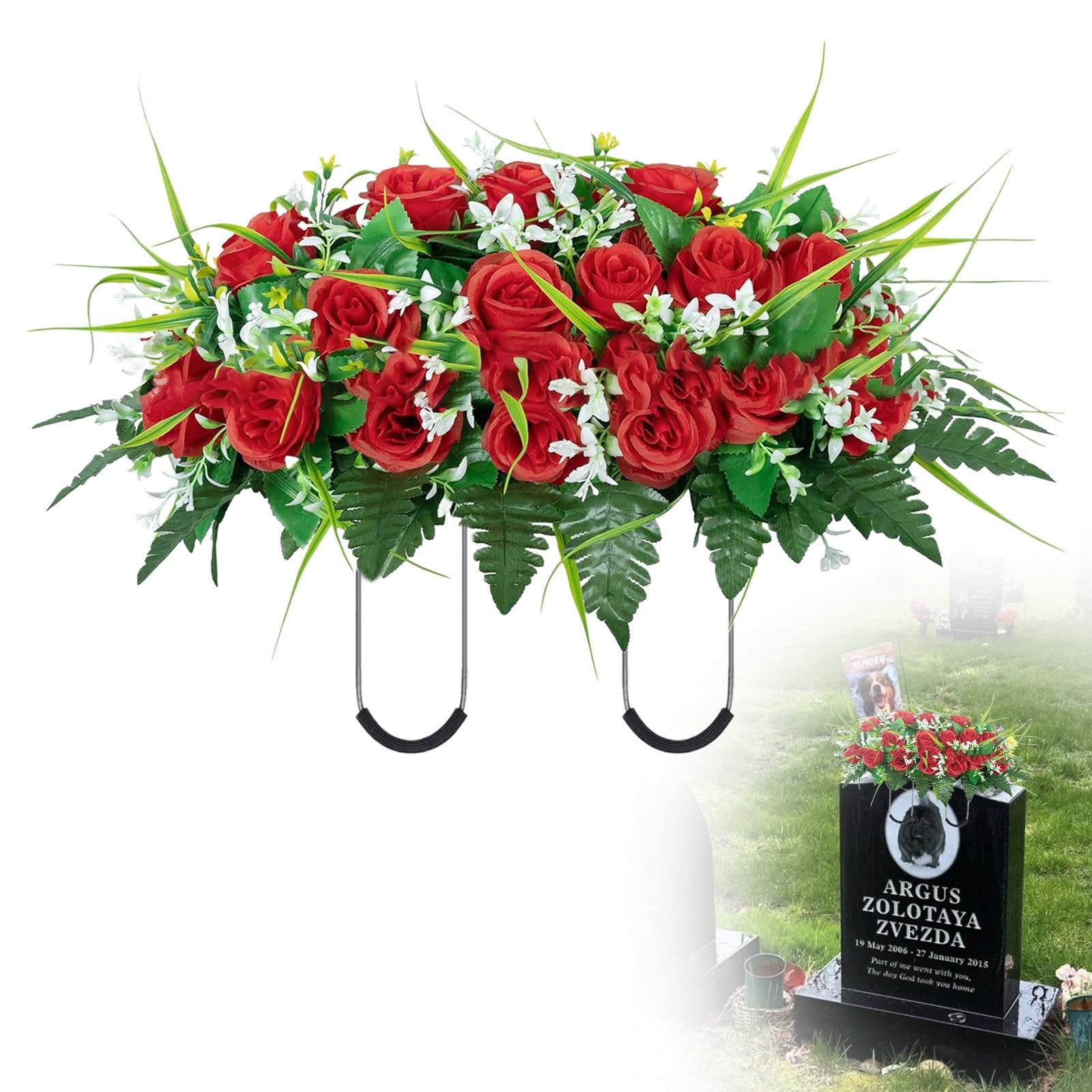Cemetery Headstone Flower Saddle - Purple Artificial Silk Flowers, 27"L X 17"W, Weather-Resistant For Outdoor Graves