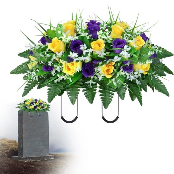 Headstone Flower Saddle,Large Artificial Cemetery Flowers for Grave,Cemetery Memorial Flowers for Outdoor Tombstone Decorations