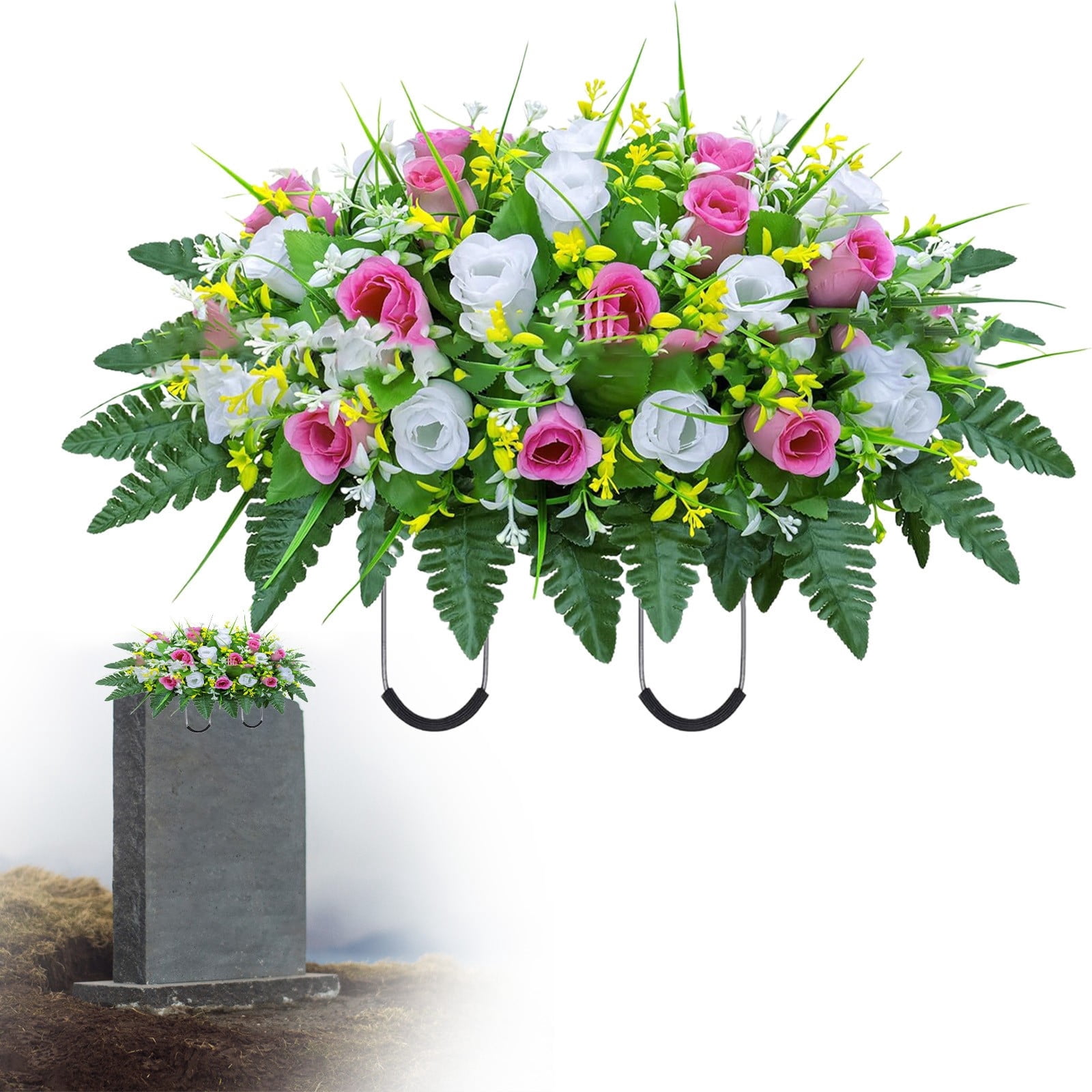 Headstone Flower Saddle,Large Artificial Cemetery Flowers for Grave,Cemetery Memorial Flowers for Outdoor Tombstone Decorations