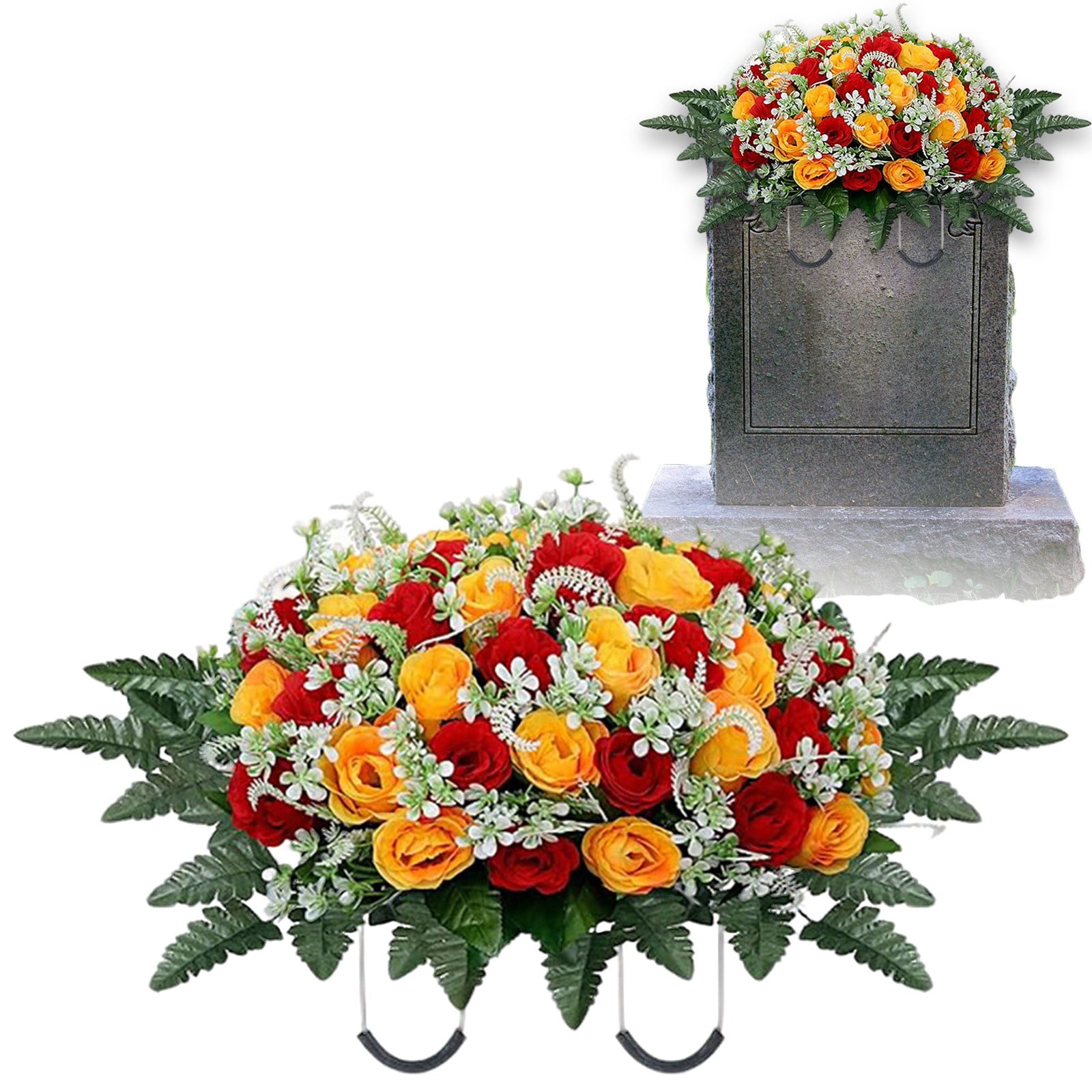 Headstone Flower Saddle,Large Artificial Cemetery Flowers for Grave,Cemetery Memorial Flowers for Outdoor tombstone Decorations