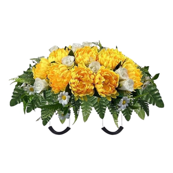 Headstone Flowers Artificial Cemetery Saddle Red Roses Chrysanthemums 28.5x22in Memorial Grave Decoration Mothers Day Remembrance Floral