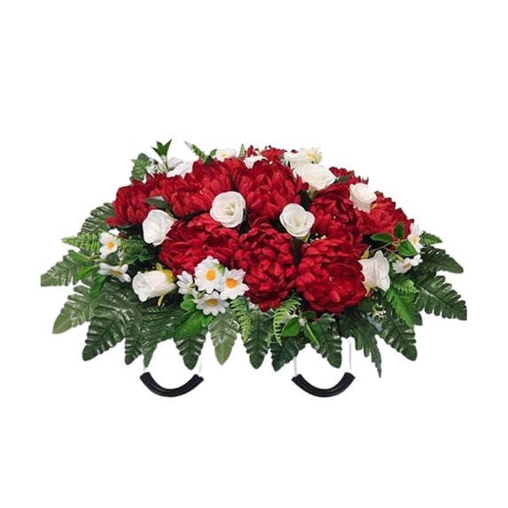 Headstone Flowers Artificial Cemetery Saddle Red Roses Chrysanthemums 28.5x22in Memorial Grave Decoration Mothers Day Remembrance Floral