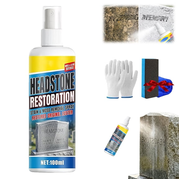 Headstone Restoration & Cleaning Spray - Professional Spray To Clean, Restore & Protect Memorial Stones, Headstone Cleaner Gravestone Cleaning Kit, Stone Cleaner for Graves, Tombstones(1Pc)