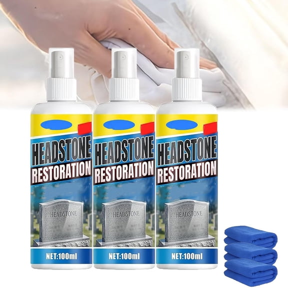 Headstone Restoration and Cleaning Spray - Tombstone Monument Cleaner for Granite Marble Cemetery Memorials - Gentle Stone Care Formula 100ml/3.4oz (3PCS+3*Towel)