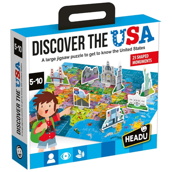 Headu: Discover The USA - 108pc Map Puzzle, Large 23 x 17" Jigsaw, Monument & Location Matching, Educational United States Geography Game, Kids 5-10