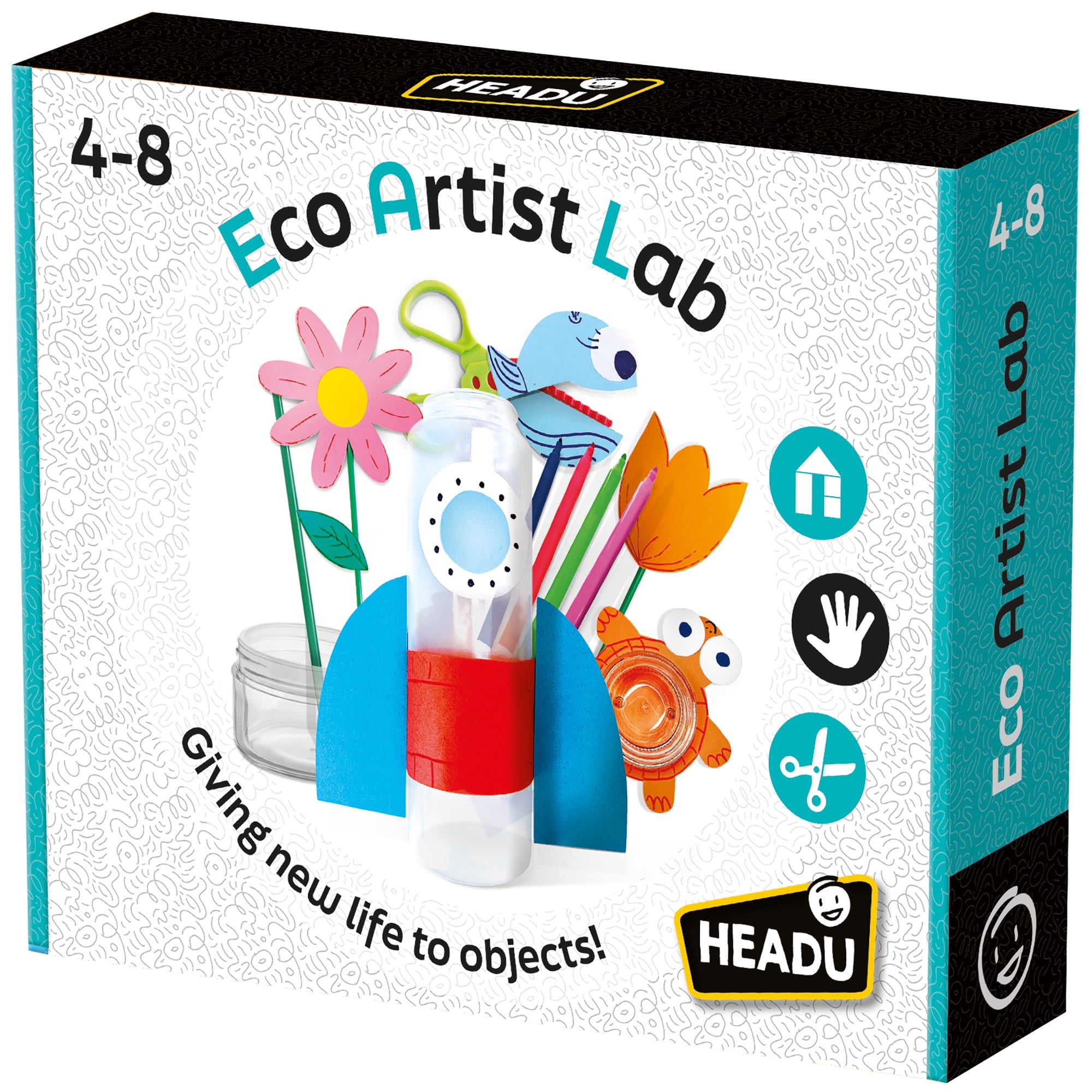 Headu: Eco Artist Lab - Transform Plastics Into Creations, DIY Characters & Objects, Cardboard Shapes, Felt Pens, Plastic Straws-Bottle-Tub, Kids 4+