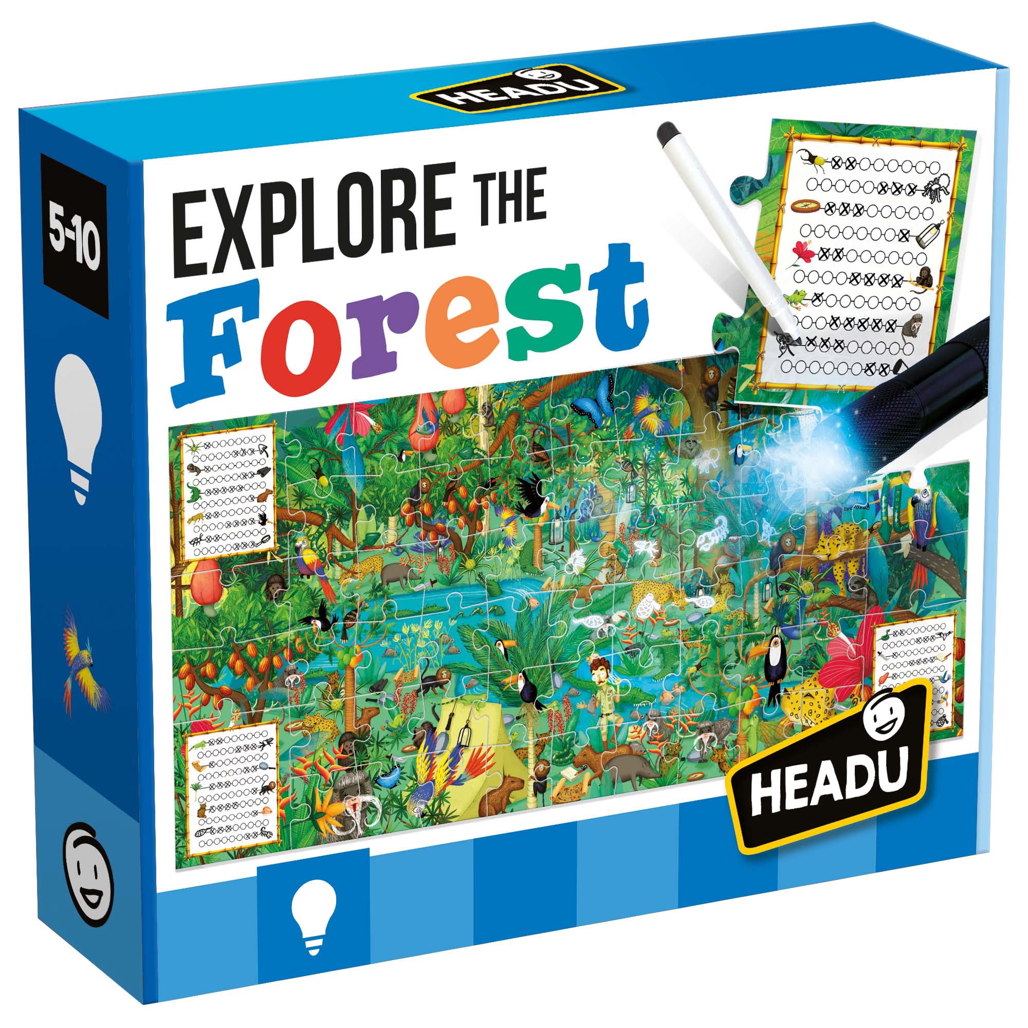Headu: Explore The Forest Puzzle - 70pc Activity Jigsaw, Magic Reveal Light, 27x17" Jungle Ecosystem Scene, Search & Find Plants & Animals, Kids 5+