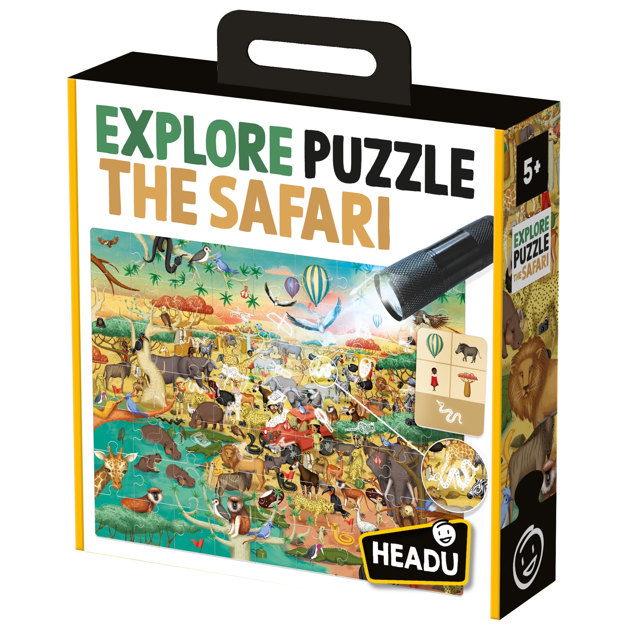 Headu: Explore The Safari Puzzle - 70pc Activity Jigsaw, Magic Reveal Scene, 27x17" Savannah Scene, Search & Find Hidden Objects & Animals, Kids 5+