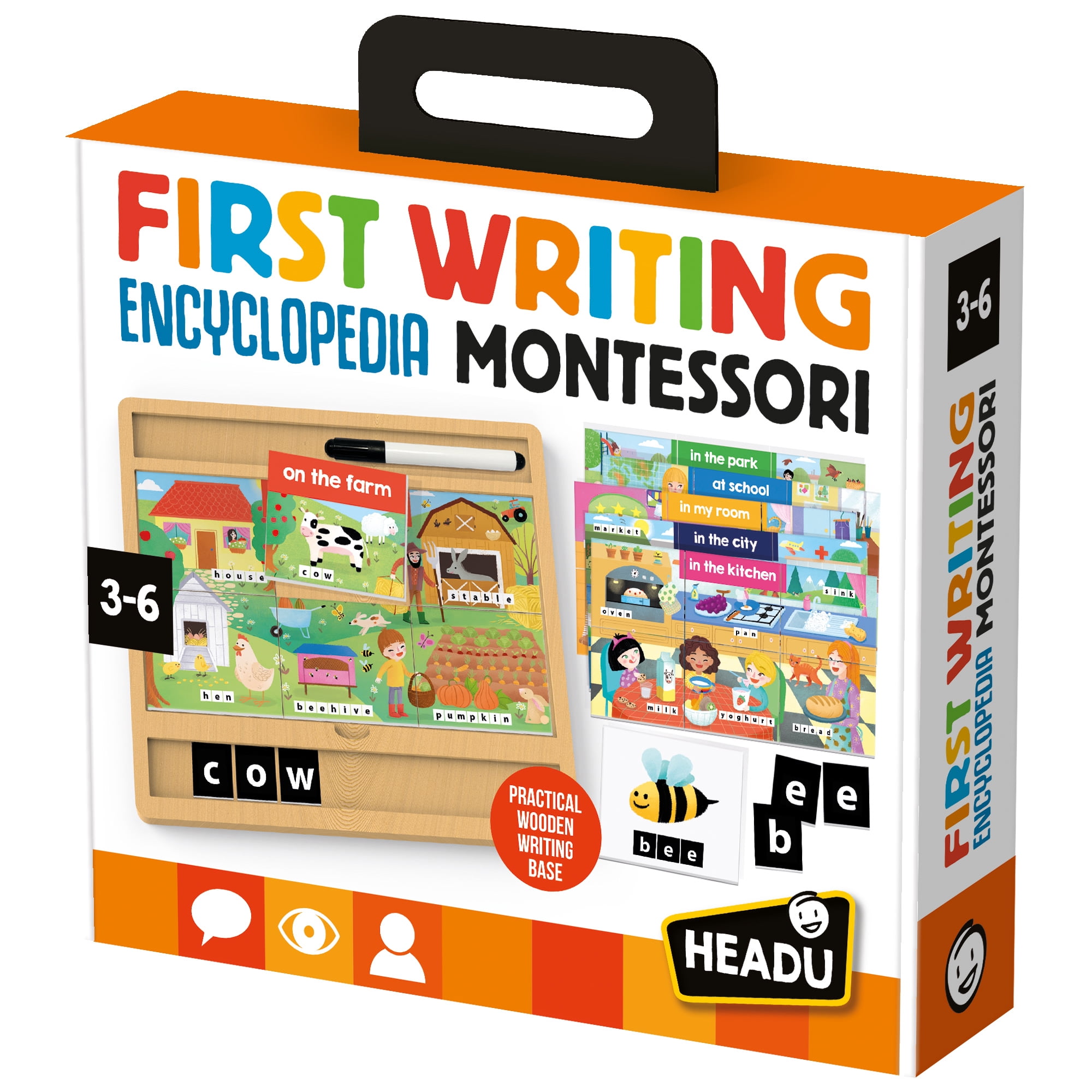 Headu: First Writing Encyclopedia Montessori - Wooden Letter Tracing Board, Dry-Erase Writing Practice, Modular Lexical Scenes, ABC Tiles, Kids 3-6