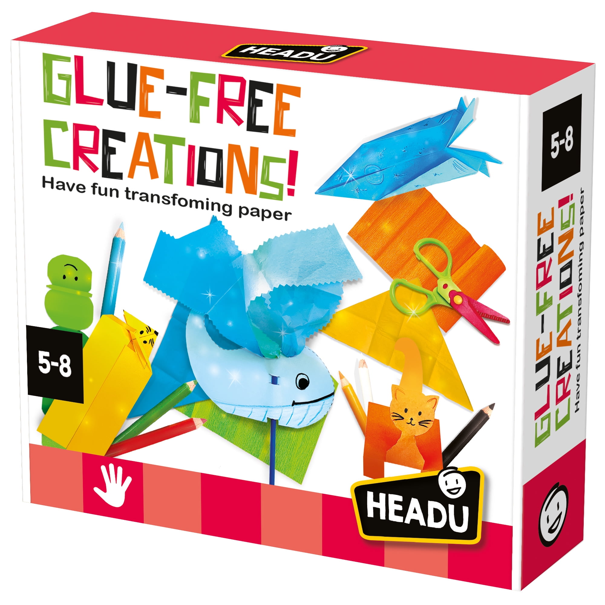 Headu: Glue-Free Creations - DIY Craft Kit, Transform Paper Into Artwork Creations, Cut-Fold-Insert, 6 Color Pencils, 8 Craft-Art Activities, Kids 5+