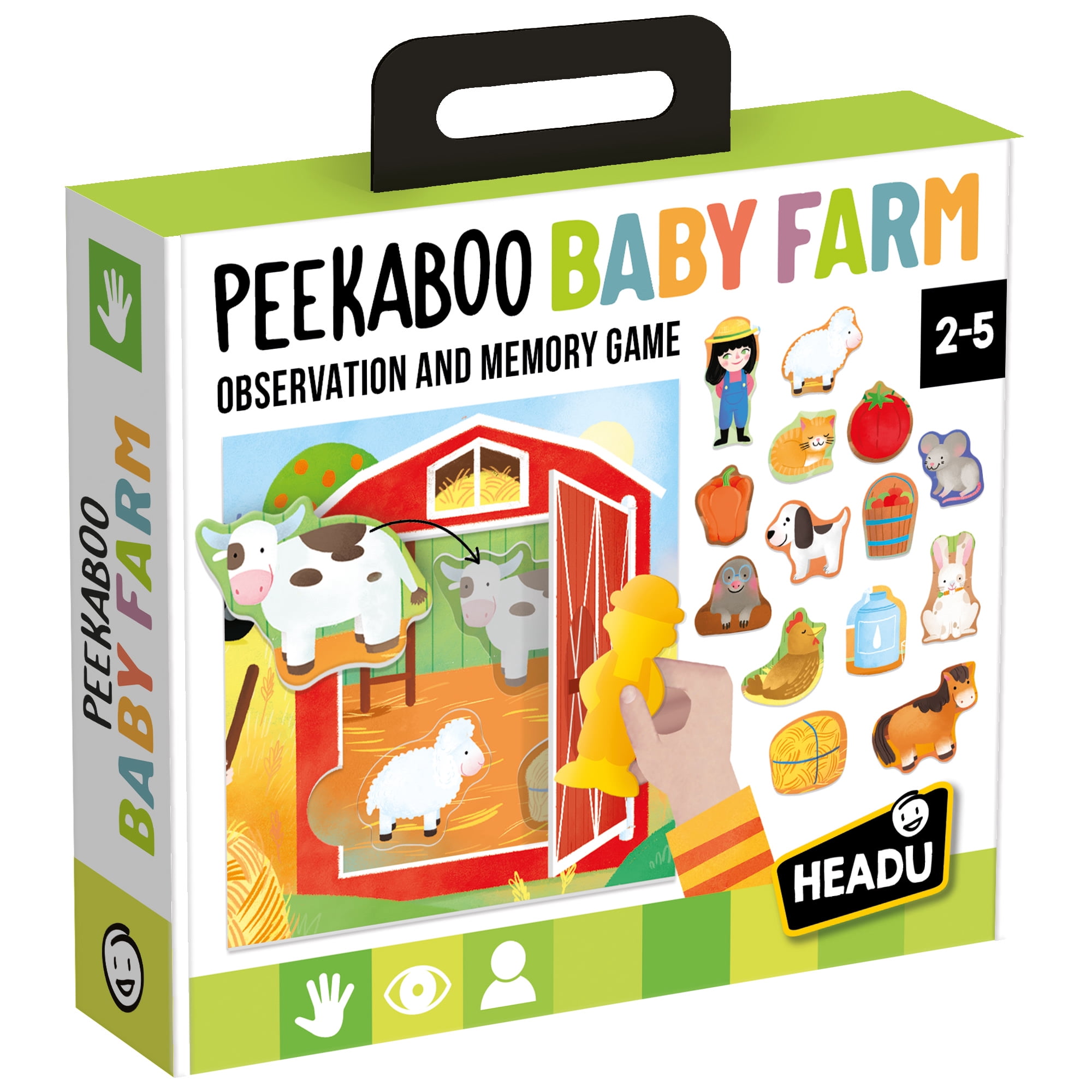 Headu: Peekaboo Baby Farm - Observation & Memory Game, Animal Tile Shape Matching, Open-Close Scene Panels, Manual Lock & Key Activity, Toddlers 2-5