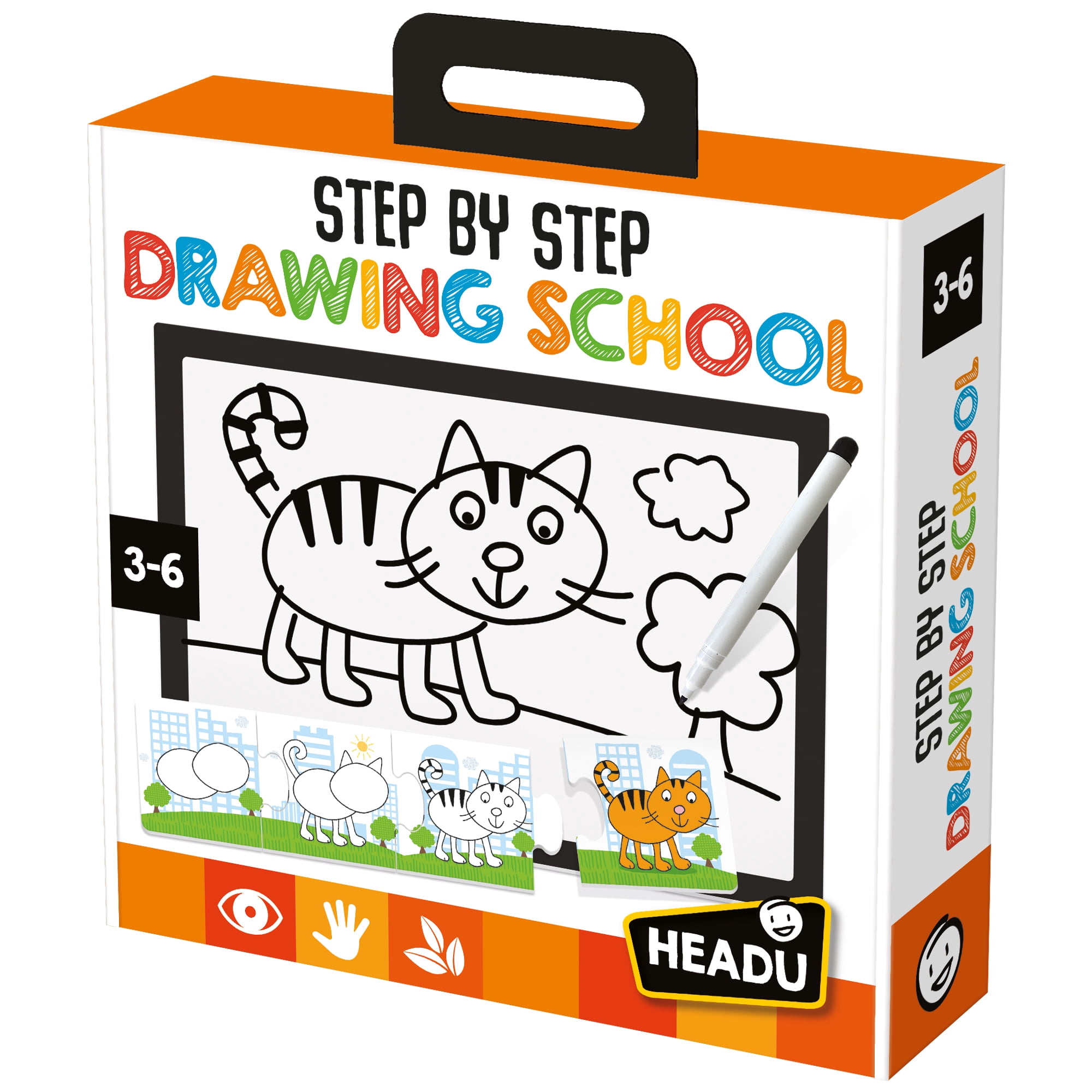 Headu Step By Step Drawing School - Puzzle & Animal Drawing Kit, Doodle Erase Board, 10 Progressive Puzzles, Sketch & Play Activity, Art Toy, Kids 3-6