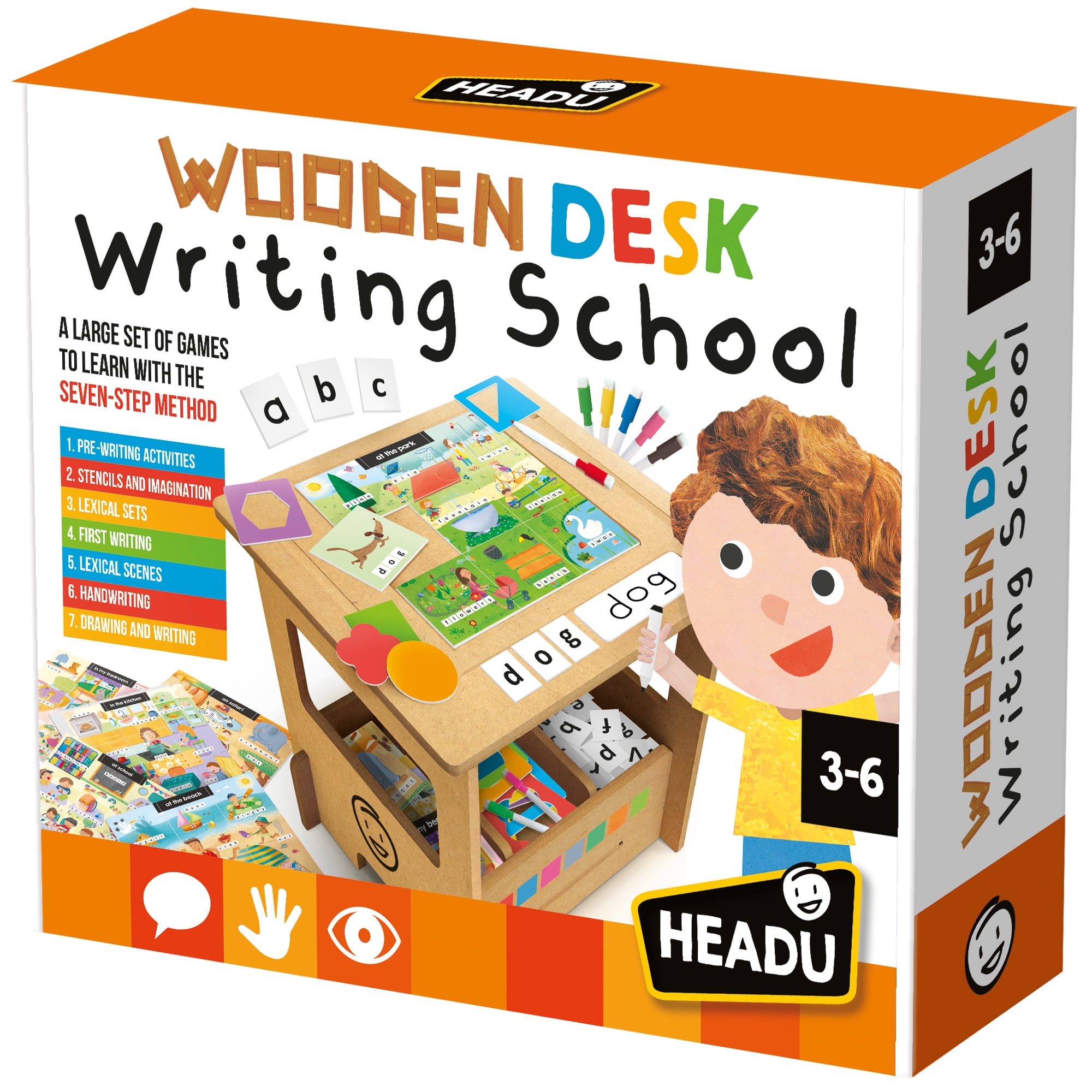 Headu: Wooden Desk Writing School - 7-Step Method Learning Games, Write & Draw Activity Station, Practice Letters & Words, Preschool Play, Kids 3-6