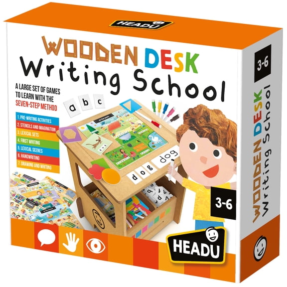 Headu: Wooden Desk Writing School - 7-Step Method Learning Games, Write & Draw Activity Station, Practice Letters & Words, Preschool Play, Kids 3-6