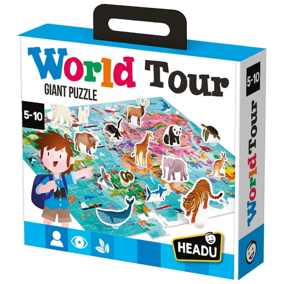 Headu: Giant Puzzle World Tour - 108pc Map Jigsaw, Large 23x17", Match 3D Animals To Their Environment, Geography Learning Game Activity, Kids 5-10