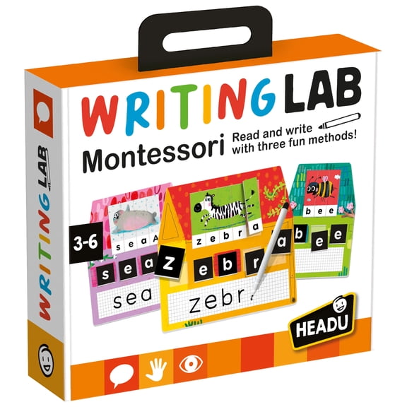 Headu Writing Lab Montessori - Read & Write In 3 Ways, Image Word Puzzle, Movable Letter Tiles, Drawing Practice, Alphabet Recognition Play, Kids 3-6