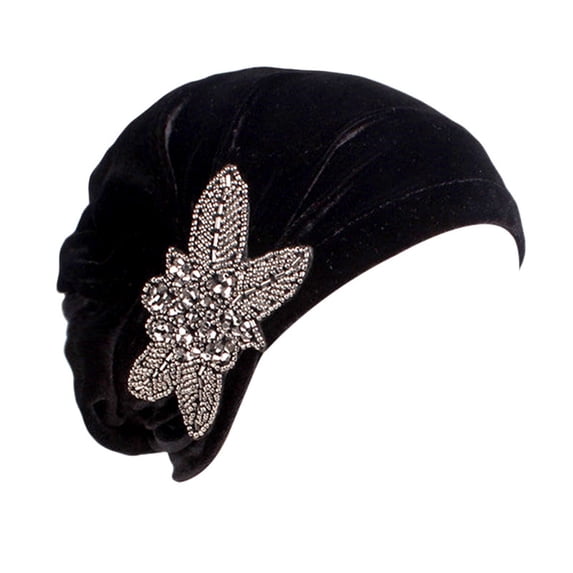 Headwear for Women CQXIDFH Women Velvet Turban Beanie, Beaded Flower Decor Soft Chemo Cap, Elegant Headwear for Hair Loss, Beret (Black, One Size)
