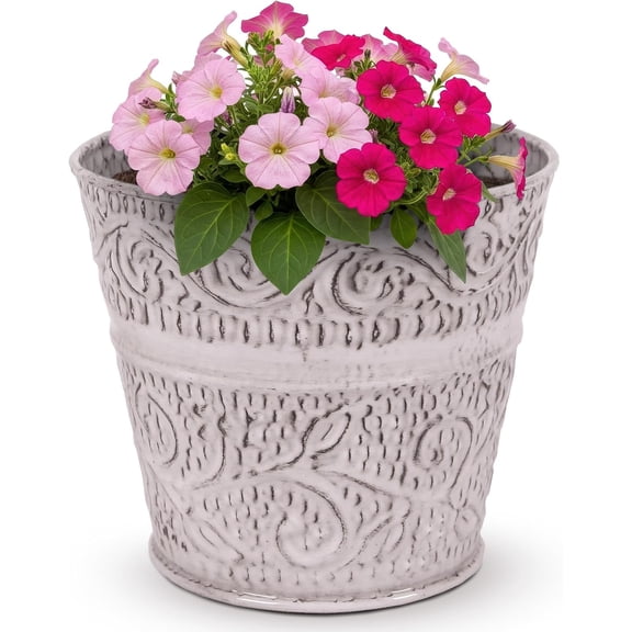 Headwind IronLite Ensley – 6" Antique White Decorative Metal Planter with High‑Gloss Embossed Design – Indoor Plant Pot with Drainage Hole & Modern Round Style for Home & Outdoor Use by Robert Allen