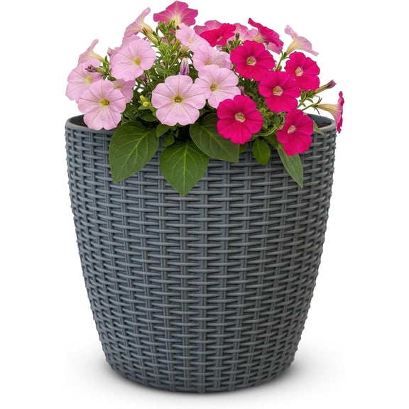 Headwind New Castle Planter – ”8 Grey Lightweight Durable Woven‑Style Round Tapered Pot with Drainage Plug for Indoor Plants & Outdoor Use by Robert Allen