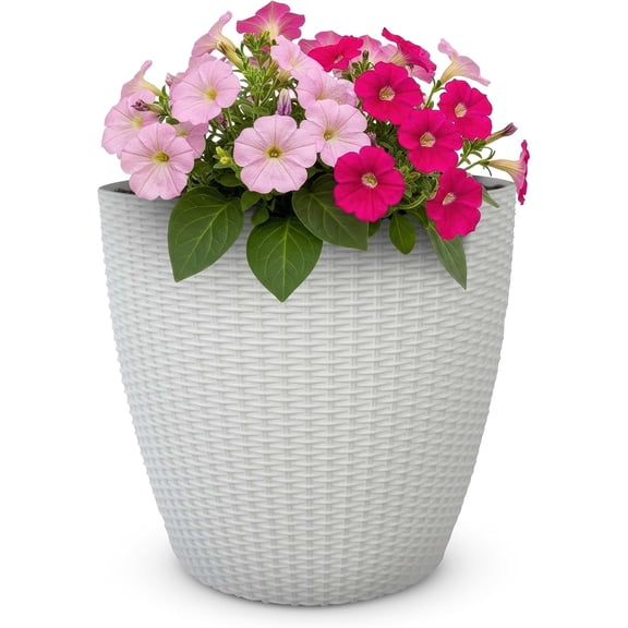 Headwind New Castle Planter – ”8 White Lightweight Durable Woven‑Style Round Tapered Pot with Drainage Plug for Indoor Plants & Outdoor Use by Robert Allen