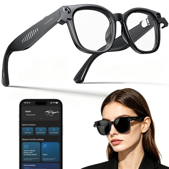 HEADWOLF AI Smart Glasses with Patented Magnetic Privacy Cover, 8MP Camera, 4K Image Sensor, AI Translation, Voice Assistant, Open-Ear Bluetooth Audio, 32GB Storage