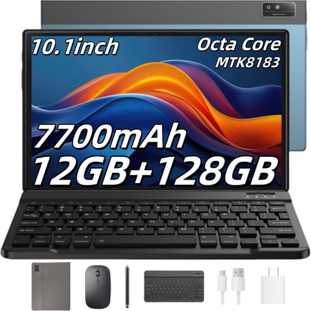 Headwolf Android Tablet with Keyboard, 12GB RAM + 128GB ROM 2 in 1 10 inch Tablet with Case Mouse Stylus, Octa Core 7700mAh Battery, 16MP Camera, 2024 Latest Wifi Tablet PC Blue