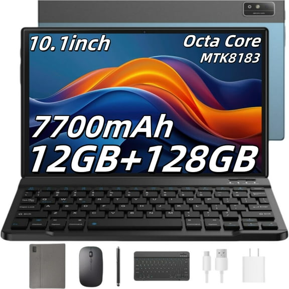 Headwolf Android Tablet with Keyboard, 12GB RAM   128GB ROM 2 in 1 10 inch Tablet with Case Mouse Stylus, Octa Core 7700mAh Battery, 16MP Camera, 2024 Latest Wifi Tablet PC Blue